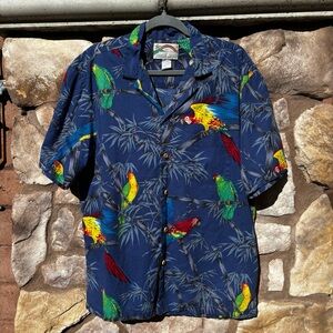 Vtg Paradise Found Mens Sz L Hawaiian Shirt Magnum P. I. Parrot 80s Floral Blue